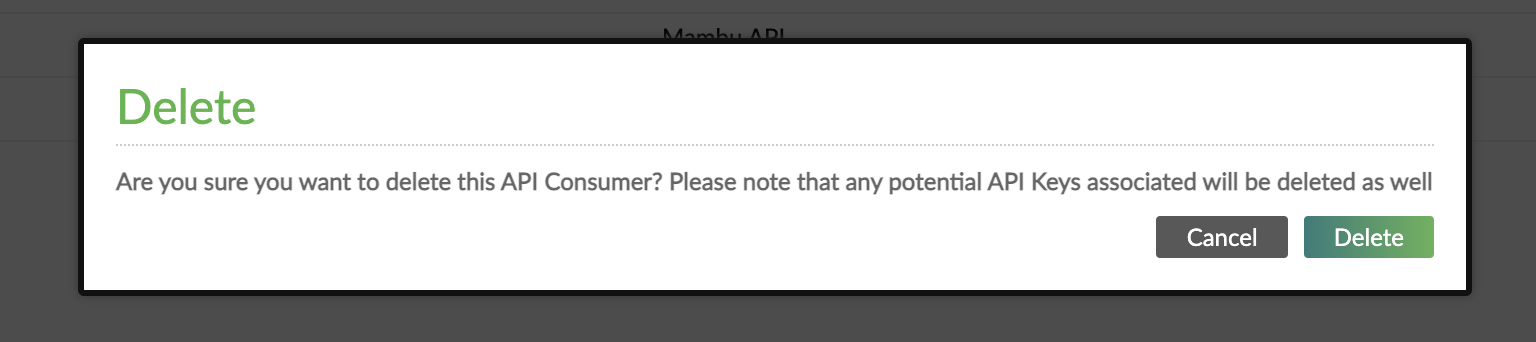 Delete dialog for deleting an API consumer